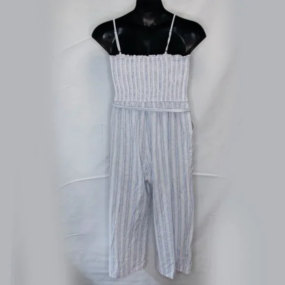 Abercrombie & Fitch Linen Blend Jumpsuit Juniors XL White Blue Sleeveless AA08X - Picture 4 of 6